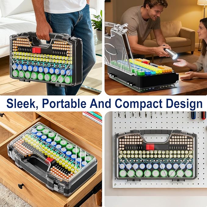 Battery Organizer Storage Holder Box Case with Tester, New Ultra-Large 285+Batteries Double-Sided Variety Pack, Holds AA AAA 4A C D Button Cell 9V 3V CR123 CR1632 LR44 Lithium18650 CR2 Black
