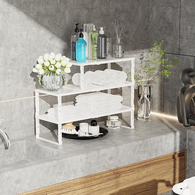 Expandable Stackable Spice Rack Organizer for Kitchen Cabinet,Adjustable Counter Shelf, countertop, Pantry,Cupboard,Bathroom,Bedroom(2Packs/White/Large)