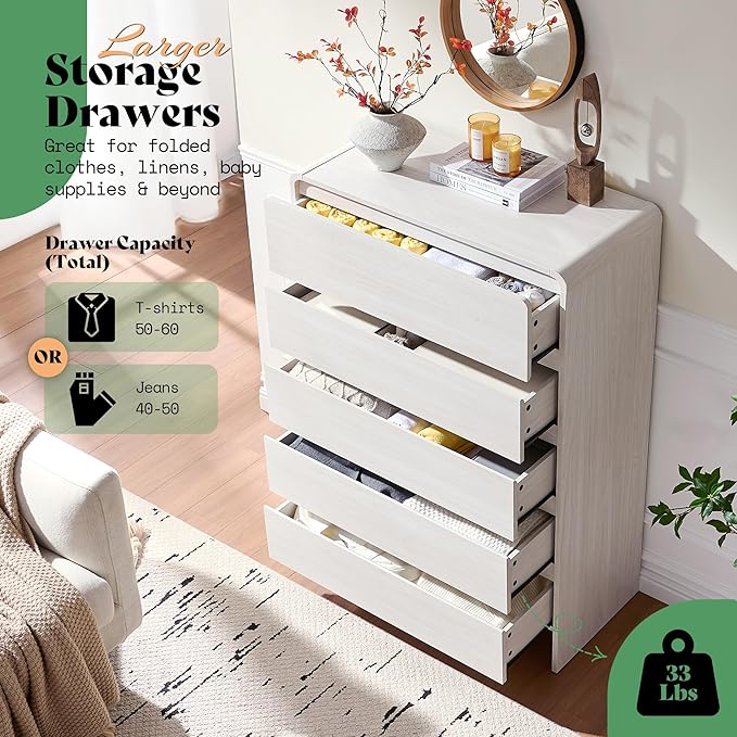 AMERLIFE 5 Drawer Dresser for Bedroom, 48" Tall Modern Chest of Storage Drawers with Rounded Corners, Anti-Tip Kit, Wood Cabinet Organizer for Closet, Apartment, Nursery, Easy Assembly, White