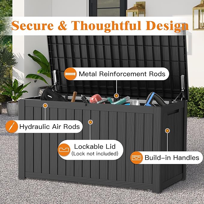 Outdoor Storage Box - Lockable Waterproof UV-Resistant Resin Deck Box for Patio Cushions, Pool Accessories (Black, 200 Gallon)