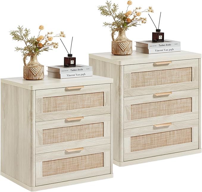 LEYAOYAO Boho Night Stands Set 2 with Storage, 23" Rattan Nightstand with 3 Drawers, Grey White Bed Side Table, Bedside End Tables for Bedroom, Living Room, Hallway