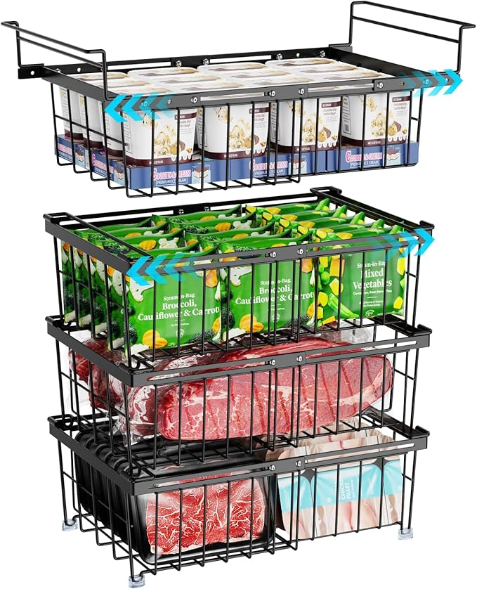 iSPECLE Large Expandable Freezer Organizer Bins - 4 Pack Chest Freezer Organizer Bins, for 10 to 20 Cu.FT Deep Freezer, 1 Hanging Basket and 3 Stackable Freezer Bins, Black