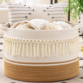 KAKAMAY Large Blanket Basket (20"x13"),Woven Baskets for storage Baby Laundry Hamper, Cotton Rope Blanket Basket for Living Room, Laundry, Nursery, Pillows, Baby Toy chest (White Fringe)