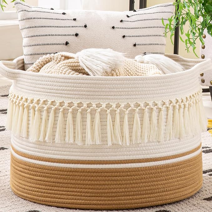 KAKAMAY Large Blanket Basket (20"x13"),Woven Baskets for storage Baby Laundry Hamper, Cotton Rope Blanket Basket for Living Room, Laundry, Nursery, Pillows, Baby Toy chest (White Fringe)