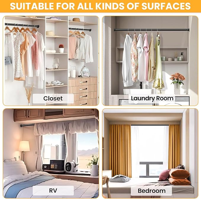 Closet Rods for Hanging Clothes, 17-98 Inch No-Cut Stepless Adjustable Closet Rod, 1.3 Inch Heavy Duty Metal Closet Hanging Rod with Brackets, Black Closet Bar for Closet, Laundry Room, RV, Wardrobes