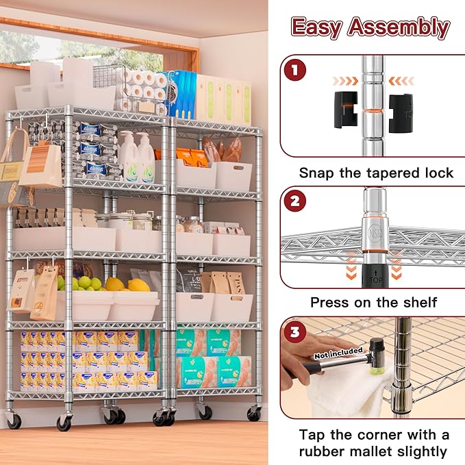 PrimeZone 2 Pack Steel Storage Wire Shelving 5 Tier Metal Shelves with Wheels,Adjustable Kitchen Utility Shelving Unit,Pantry Rack Rolling Metal Shelf Laundry,Chrome 24" Wx18 Dx75 H