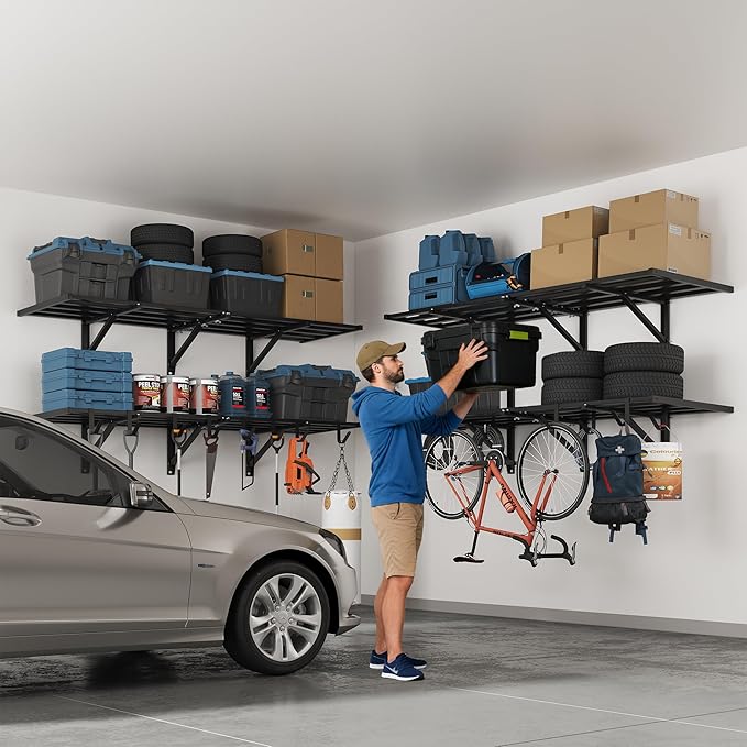 FLEXIMOUNTS 2-Pack 2x6ft Heavy Duty Garage Wall Shelving, 800lbs Capacity, Garage Shelving Wall Mounted with 8 Hooks, Storage for Power Tools, Garden Supplies, Storage Bins, Lite Series
