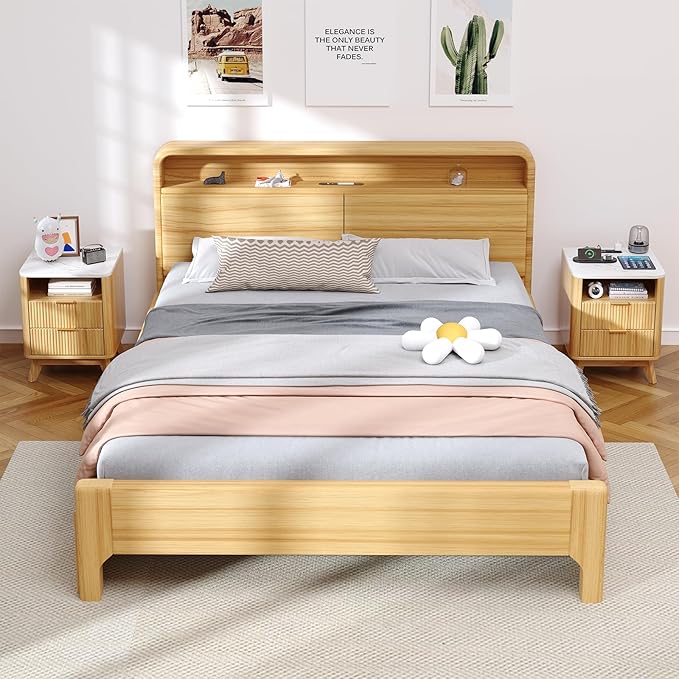 Nightstand with Charging Station, Fluted Nightstand with LED Lights, Modern Rustic Side Table with 2 Storage Drawers, Wooden End Table for Bedroom, Natural Oak
