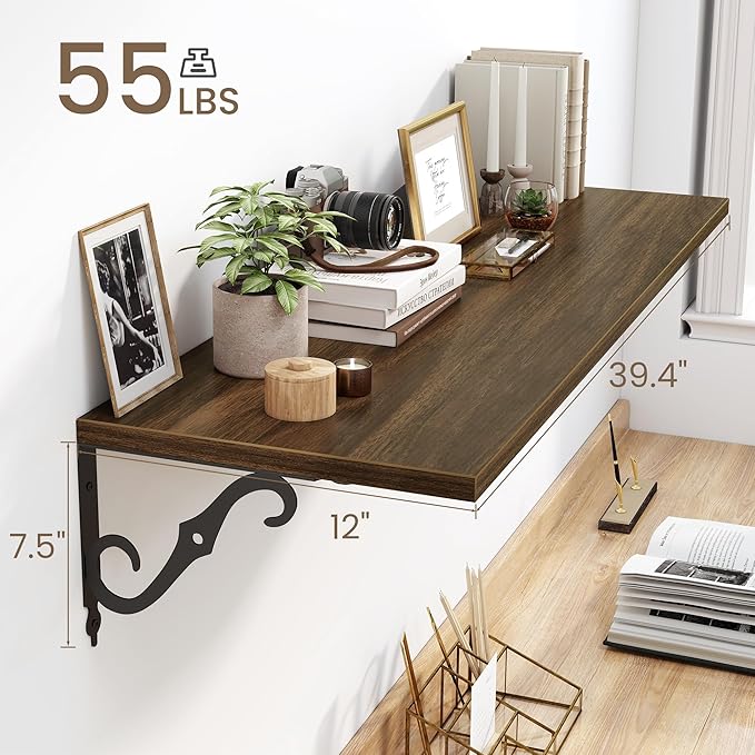Fun Memories 40 Inch Floating Shelves Wall Mounted, 12 Inch Deep Wall Shelves with Bracket, Rustic Hanging Bookshelf, 40" Bookshelves for for Living Room, Kitchen and Bedroom, Walnut, Set of 2