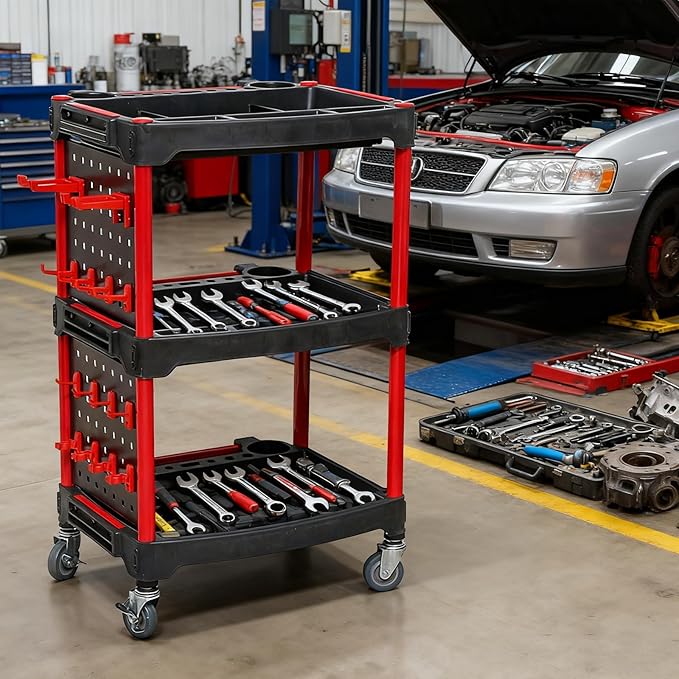 3-Tier Heavy-Duty Detailing Cart with Wheels, Rolling Detail Tool Cart, 200kg/440.92lb Capacity Tool Organizer for Car Wash, Workshop & Garage (Includes Hooks, Spray Bottles & Brushes)