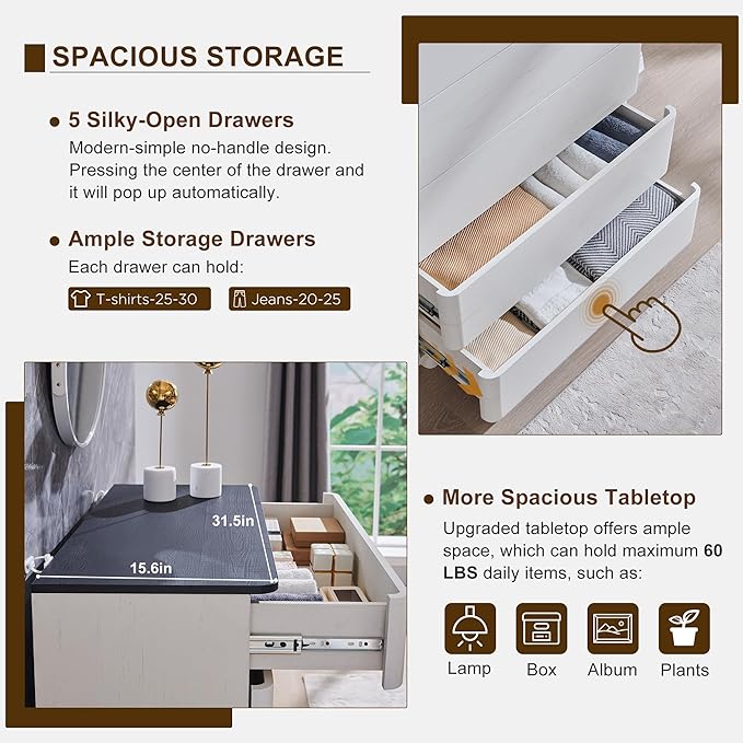 ACCOHOHO Modern 5 Drawer Dresser for Bedroom, 42" Tall Wooden Dressers with Large Storage,Handleless Chest of Drawers for Living Room & Hallway, Curved Profile Design, White