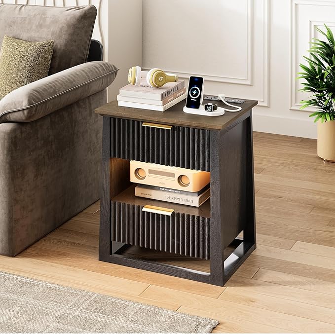 HIFYOBRO Fluted Nightstands with Charging Station & Motion Sensor Light, Modern Bedside Tables with 2 Drawers and Storage Shelf for Bedroom, Black