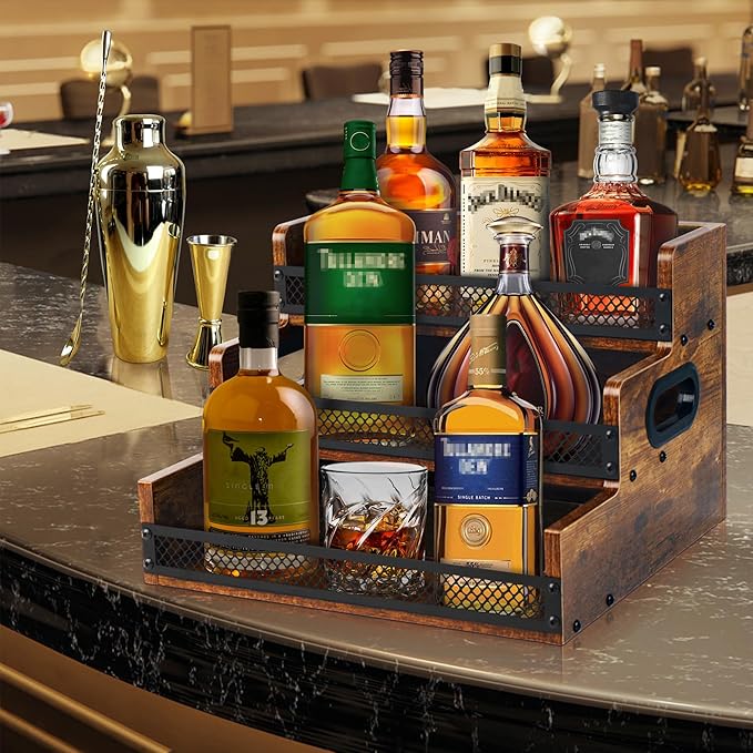 Liquor Bottle Display Shelf, Coffee Syrup Rack Organizer, 3 Step Countertop Liquor Wine Rack, 12 Bottles Coffee Station Organizer with Fences & Handles, Home Retro Bar Shelf Stand for Liquor Whiskey