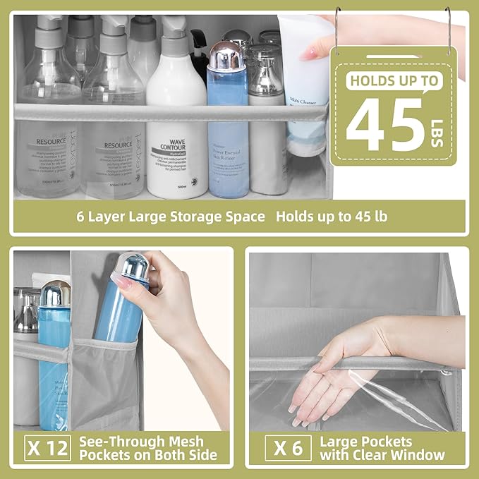 Over Door Organizer with 6 Extra Large Pockets 12 Side Pockets, 2-Pack Sturdy Closet Rack, Hanging Storage Organizer with Clear Window for Shoes, Diapers, Toys, Bedroom, Bathroom, Grey