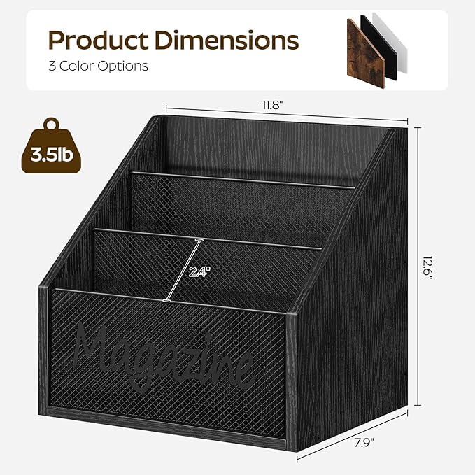 Magazine Holder, Wood Magazine Rack Floor, Mail Organizer Countertop, Magazine Mail Holder Sorter, Record Holder for Magazines, Books, Newspapers, Tablets, Black MR02BB