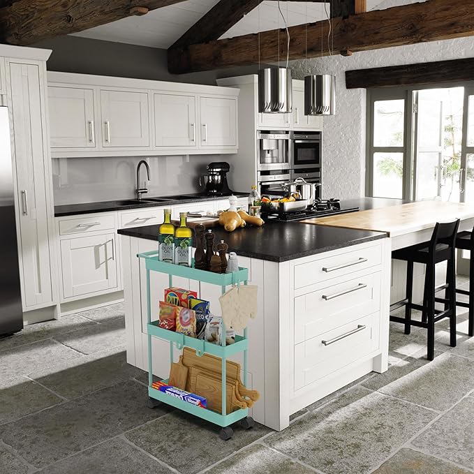 Simple Houseware 3-Tier Slim/Narrow Storage Cart with Handle, 5.5'' Wide x 26.5'' Height Rolling Organizer for Kitchen, Bathroom, Laundry Room - Turquoise