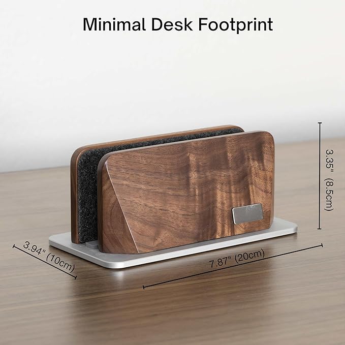 Vertical Laptop Stand, Black Walnut Wood Laptop Holder Vertical for Desk - Heavy Silver Aluminum Base | Adjustable Dock (8-38mm) Fits Most Laptops, MacBooks (Silver Base)