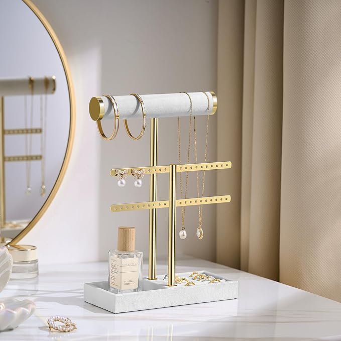 2 Tier Bracelet Holder Display - Detachable T Bar White Velvet Bracelet Holder, Jewelry Holder Organizer for Bracelet, Necklace, Earrings, Rings