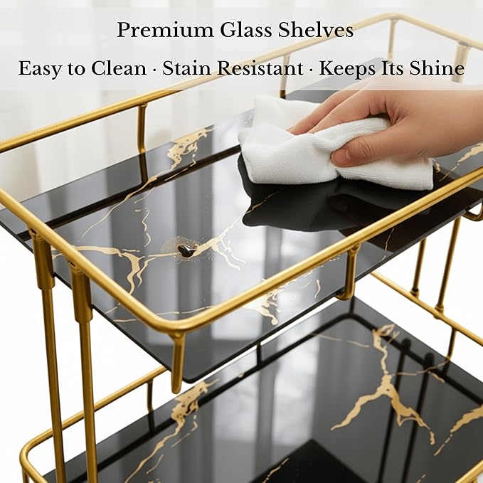 2-Tier Black Marble Bathroom Countertop Organizer – Glass Shelves & Gold Metal Frame, Stylish Vanity Storage Shelf for Perfume, Skincare, Makeup & Toiletries
