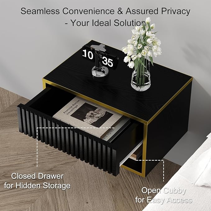 4ever2buy Floating Nightstand Set of 2, Modern Wall Mounted Nightstand with Open Shelf and Fluted Drawer, Black and Gold Night Stand for Bedroom, (Black, 2)