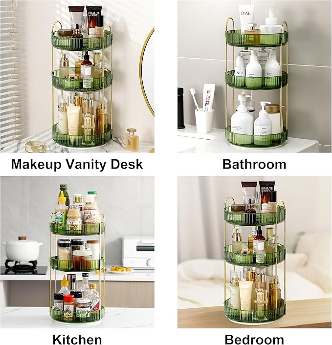 360 Rotating Makeup Organizer for Vanity, Bathroom Countertop Spinning Perfume Organizer, High-Capacity Cosmetic and Skincare Dresser Make Up Holder Rack (3 Tiers, Green)