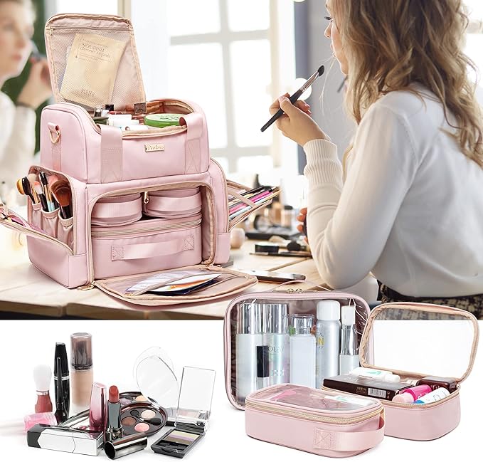 Large Makeup Cosmetic Bag with 3 Removable Case, Double Layer Travel Makeup Organizer Case with Inner Dividers and Makeup Brushes Storage Section, Pink (Patented Design)