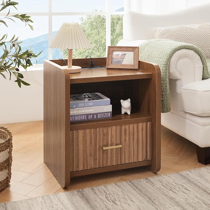 Night Stand with Charger Station, Fluted Nightstands Set of 2 with Drawer, Modern Bedside Table Set of 2, Wide Nightstands for Bedroom, Mid Century Wooden Night Stands for Home Sofa Couch