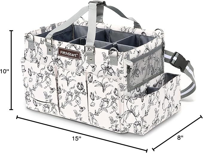 FifthStart Cleaning Caddy Organizer with Handle & Waist/Shoulder Straps - 9 Compartments & Mesh Base - Portable Cleaning Supply Caddy with Waste Bag Dispenser (Beige Floar, Large)