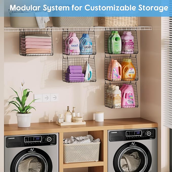 3-Pack Extra-Tall 13.6'' Hanging Laundry Basket Organizer, Foldable Wire Shelf with 360° Rotating Hooks & Reinforced Height - Durable Space-Saving Laundry Room & Closet Organizer, Black Patent
