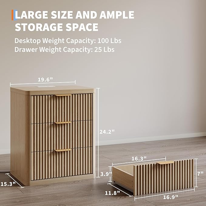 GarveeHome Fluted Nightstand with Charging Station, Bedside Table with 3 Drawers Storage Space, Metal Handles and Rounded Corners for Safety, Side Tables, End Table Bedroom, Living Room