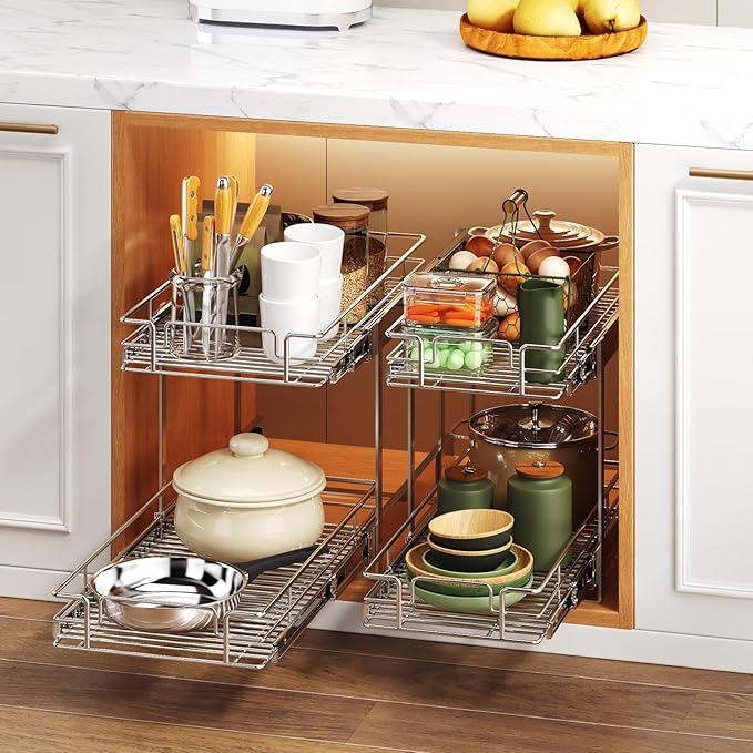 2 Tier Individual Pull Out Cabinet Organizer 14½" W x 21½" D, Heavy Duty Cabinet Pull Out Shelves, Slide Out Drawers Organization for Kitchen Cabinets Bathroom