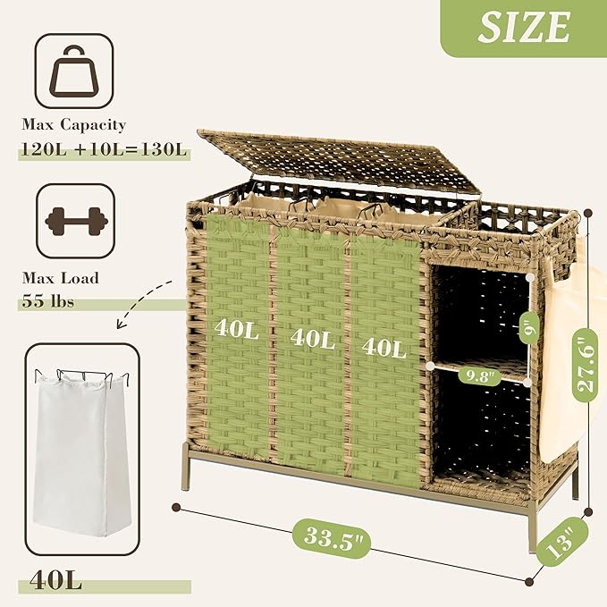 Laundry Hamper with Lid, 130L (34.4 Gal) Rattan Laundry Hamper 3 Section with 50L (13.2 Gal) Storage Shelf, Wicker Woven Laundry Sorter Basket with 4 Liner Bags and Handles, Gray GLH003G