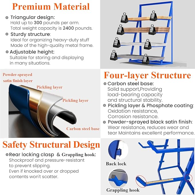 48x16x62'' Heavy Duty 4 Tiers Horizontal Lumber Storage Rack, 2400lbs Load Alloy Steel Lumber Pipe Organizer Shelf, Adjustable Bar Storage Cantilever Rack for Garage Workshop, Woodworking Shop