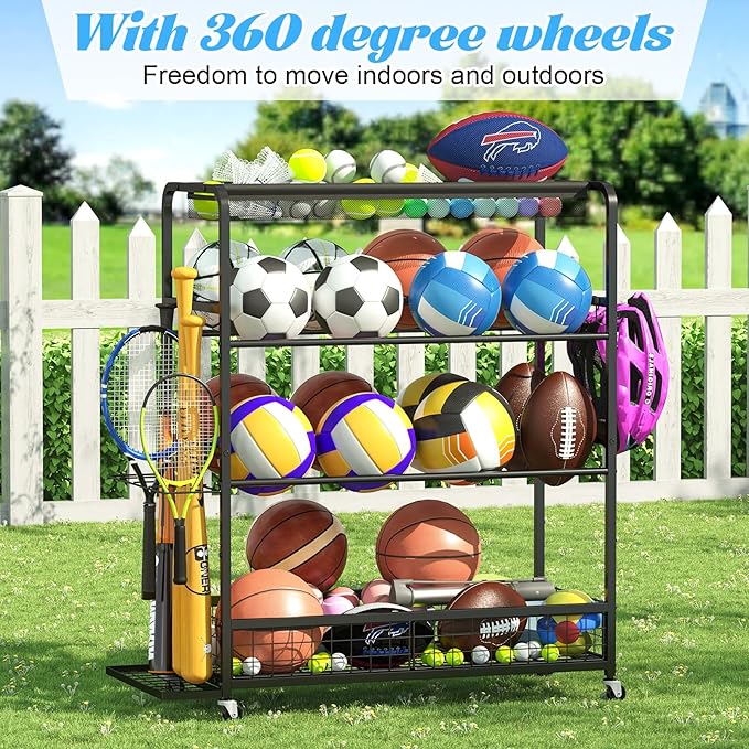 Garage Sports Equipment Organizer,Sports Ball Organizer with Wheels,Basket,Ball Organizer with Baseball Bat Rack and HooksToy Storage Rolling Cart-Black