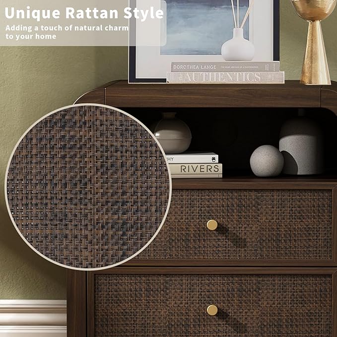 Oak&Sparrow 2 Drawer Tall Dresser for Bedroom, 23.6'' Rattan Dresser with Ample Storage, Boho Chest of Drawers, Thickened Curved Profile Design, Dark Walnut Dressers for Bedroom, Living Room