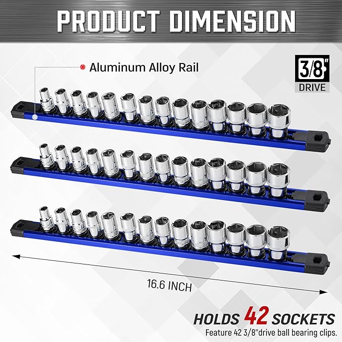 ALOANES 3-Piece Magnetic Socket Organizer, Heavy Duty Aluminum Socket Rails Organizer, 360° Swivel Clips Socket Holder Kit for Tool Box, 3/8-Inch Socket Holder x 42 Clips (Blue)