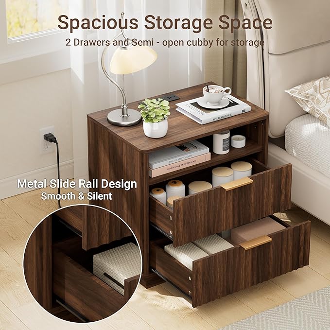 Large Fluted Night Stand with Charging Station, 23" Mid-Century Modern Nightstand, 2 Drawers End Table with Storage, Bedside Table for Bedroom Sofa Home Office, Curved Profile (Walnut)