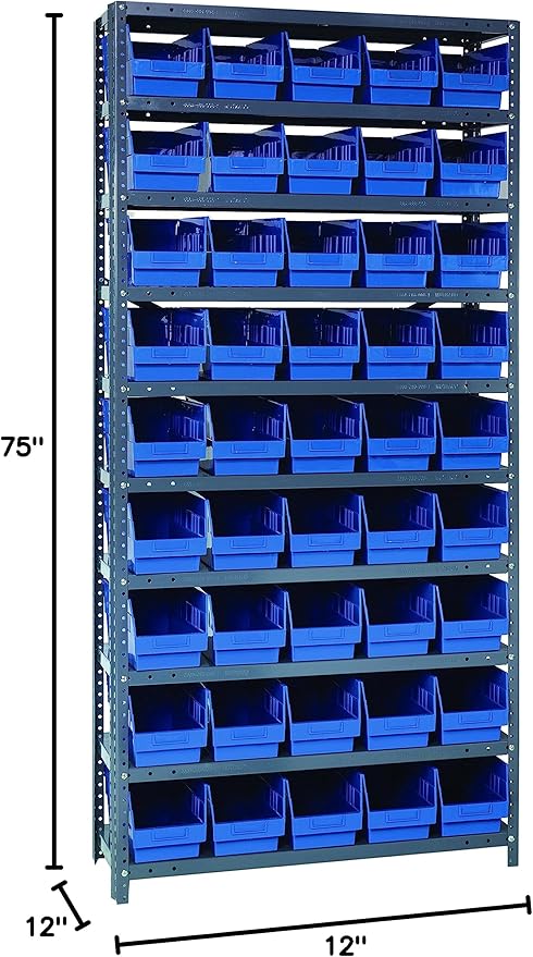 Quantum Storage Systems 1275-202BL Store More Steel Shelving Unit with 6" Shelf Bins, 12" D x 36" W x 75" H, Blue
