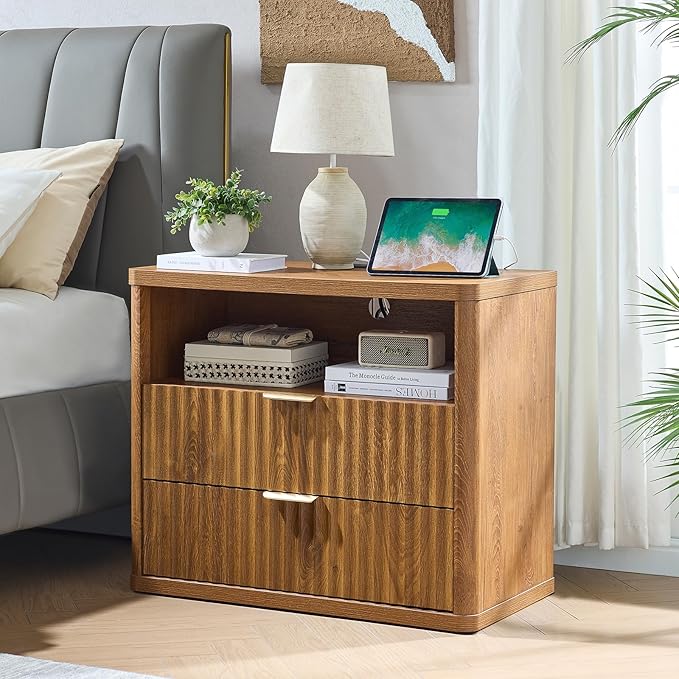 LEYAOYAO 31" Wide Fluted Nightstand Set of 2 with Charging Station, Oversized Extra Large 2 Drawers Night Stand,Brown Wood Bedside Table,Tall End Tables,Modern Chest of Drawers Dressers for Bedroom