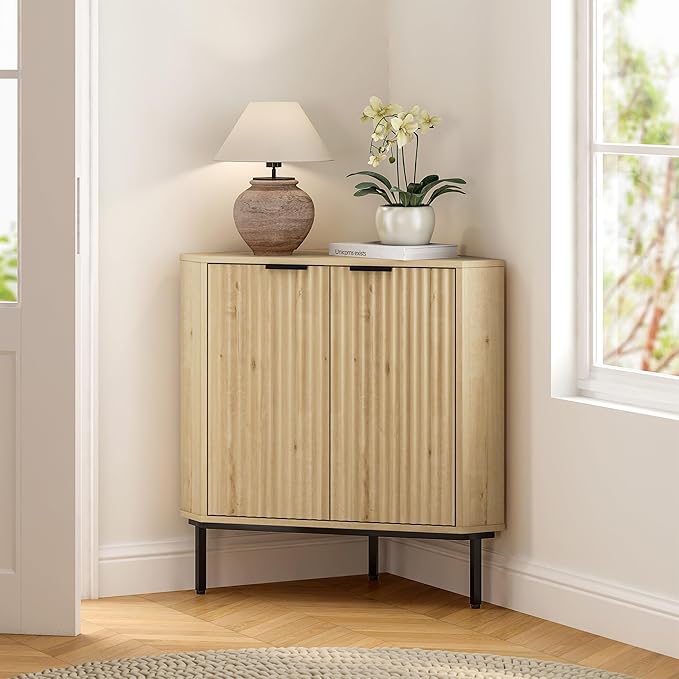 Fluted Corner Cabinet, Modern Small Corner Floor Cabinet with 2 Doors and 2-Tier Shelves, Freestanding Narrow Organizer for Living Room Kitchen Bathroom, Light Oak