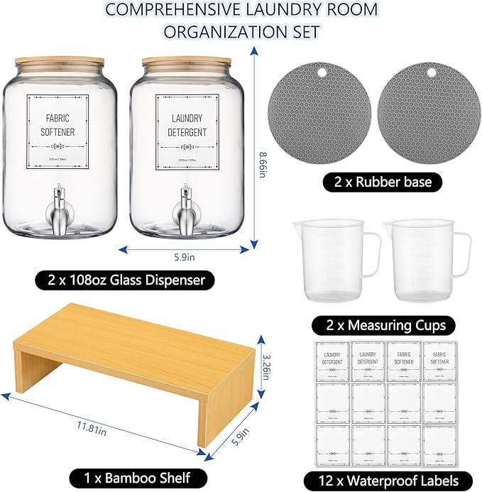 Laundry Detergent Dispenser. 0.9 Gallon Glass Laundry Soap Liquid Laundry Detergent Dispense. Fabric Softener Dispenser With Stand and Bamboo Lid. Laundry Room Organization and Storage