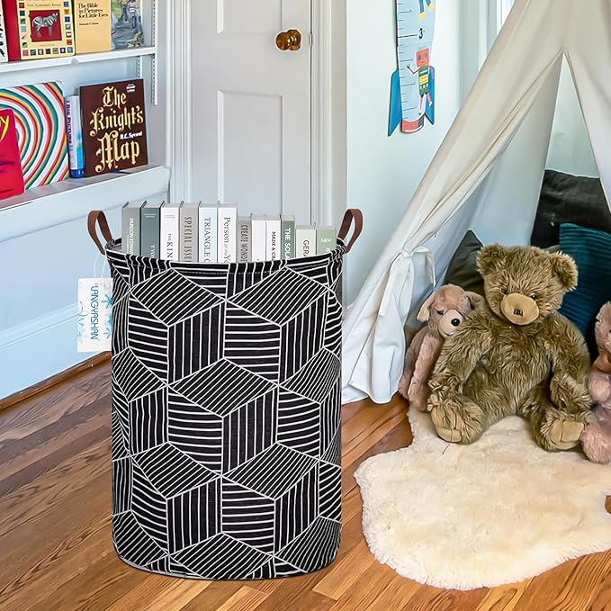 LANGYASHAN Laundry Basket Canvas Fabric Collapsible Organizer Basket for Storage Bin Toy Bins Gift Baskets Bedroom Clothes Children Nursery Hamper (Black diamond)
