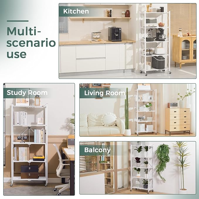 DEANIC 5 Tier Foldable Storage Shelves with Wheels, Large Capacity Shelving Unit, Freestanding Metal Wire Shelf Rack, No Assembly Organizer Rack for Garage Kitchen, Basement, Pantry(White)