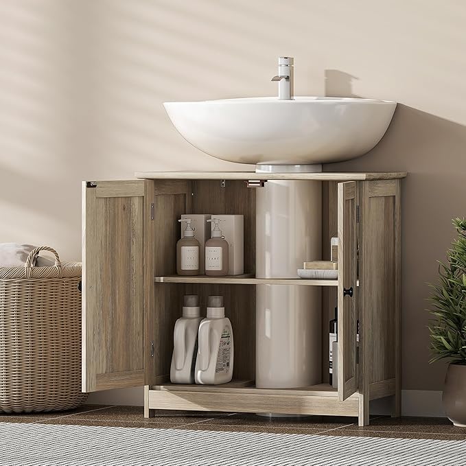 HOMCOM Under Sink Bathroom Cabinet, Pedestal Sink Storage Cabinet with 2 Doors, Shelf and U-Shape, Weathered Gray Oak