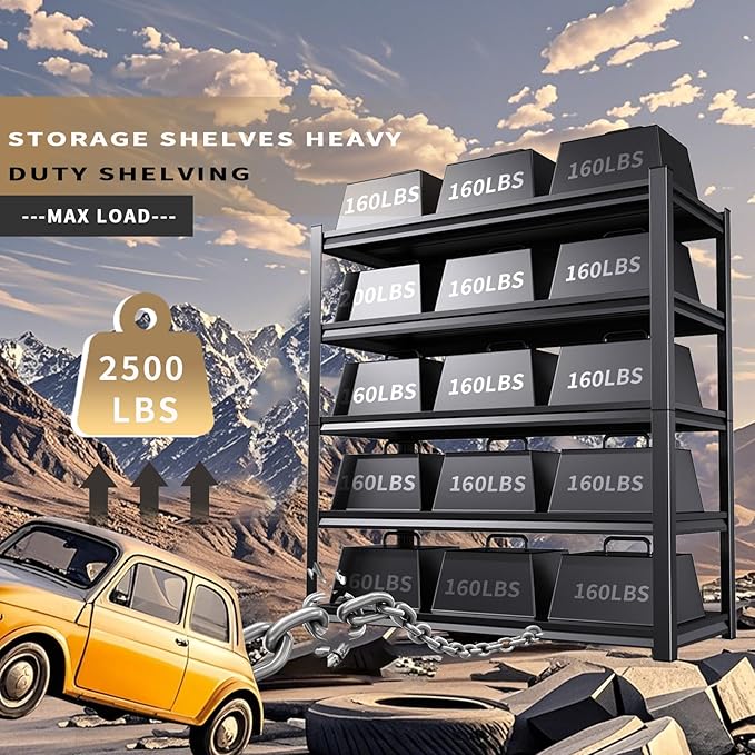 72" H Garage Shelving Heavy Duty Storage Shelves Adjustable Garage Shelves 5 Tier Metal Shelving Unit Utility Rack Shelf for Storage Kitchen Warehouse Pantry, Black (72 "H x 35.4 "W x 15.7" D)