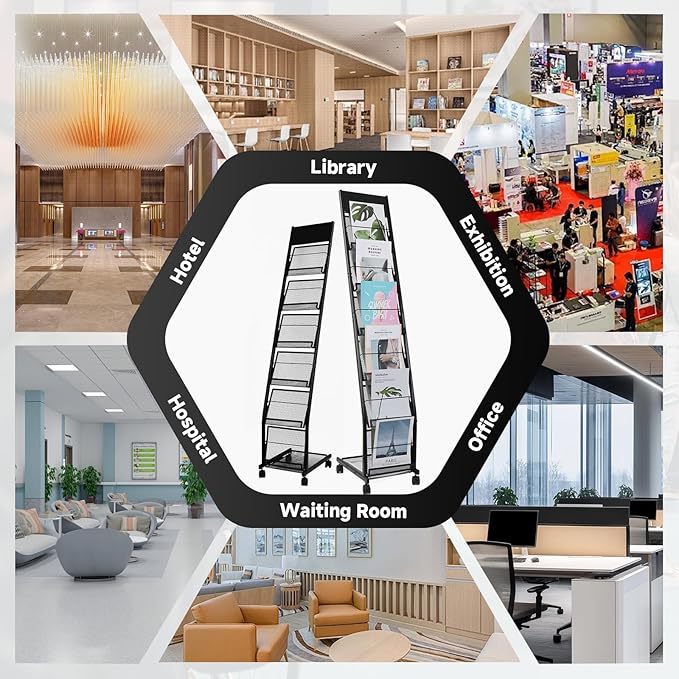 Floor-Standing Magazine Rack 6-Layer with Wheels, Brochure Display Stand for Exhibitions, Office, and Any Organization Requiring Information Display