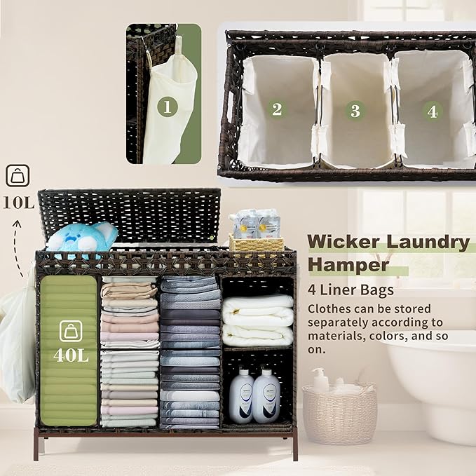 Laundry Hamper with Lid, 130L(34.4 Gal) Rattan Laundry Hamper 3 Section with 50L (13.2 Gal) Storage Shelf, Wicker Woven Laundry Sorter Basket with 4 Liner Bags and Handles, Brown GLH003BR