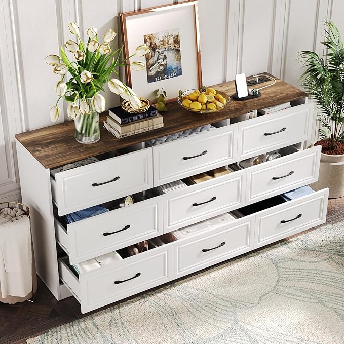 Fameill Dresser for Bedroom, 9 Drawer Wide Dresser Organizer with Charging Station, Tall Dresser for Hallway, Wood Dresser with Metal Handles, Farmhouse White