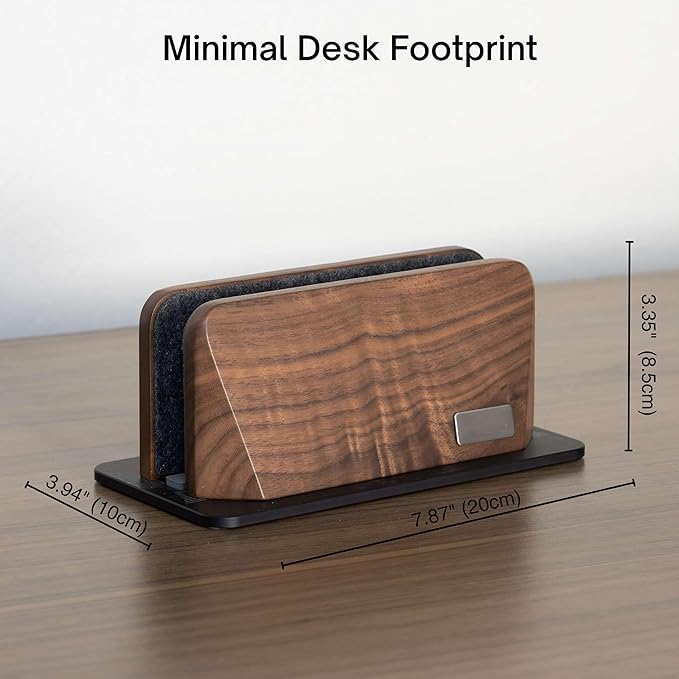 Vertical Laptop Stand, Black Walnut Wood Laptop Holder Vertical for Desk - Heavy Black Aluminum Base | Adjustable Dock (8-38mm) Fits Most Laptops, MacBooks (Black Base)