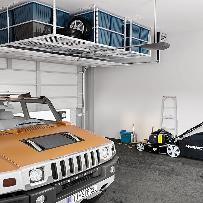 FLEXIMOUNTS 3x8 Overhead Garage Ceiling Storage Rack, Adjustable Garage Organization System, Heavy Duty Metal, 750lbs Weight Capacity, White, Classic Series